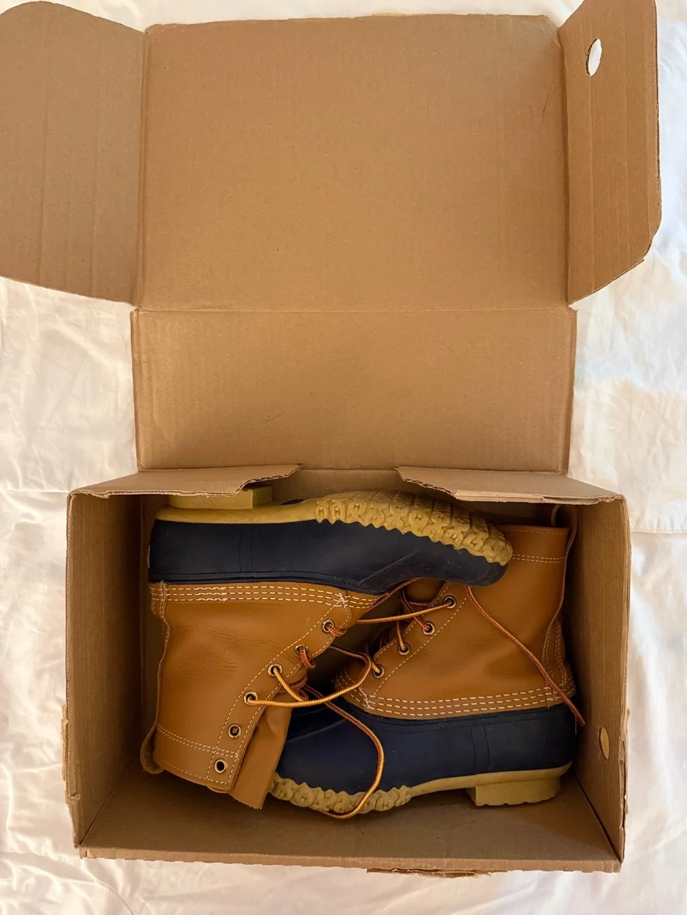Classic Bean Boots - tan and navy duck boots in 8W